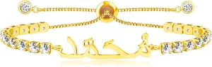 Mohammed Name Charm Bracelet for Women, Brass Chain Inlaid with AAA  Cubic Zirconia & Stainless Steel Tag, Adjustable Slider Chain for Islamic Religious Occasions  YA4947