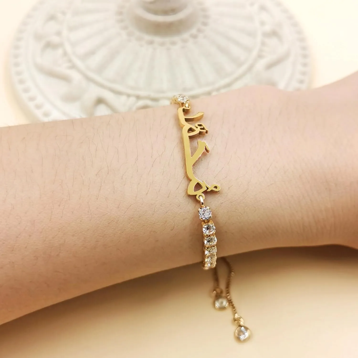 Mohammed Name Charm Bracelet for Women, Brass Chain Inlaid with AAA  Cubic Zirconia & Stainless Steel Tag, Adjustable Slider Chain for Islamic Religious Occasions  YA4947
