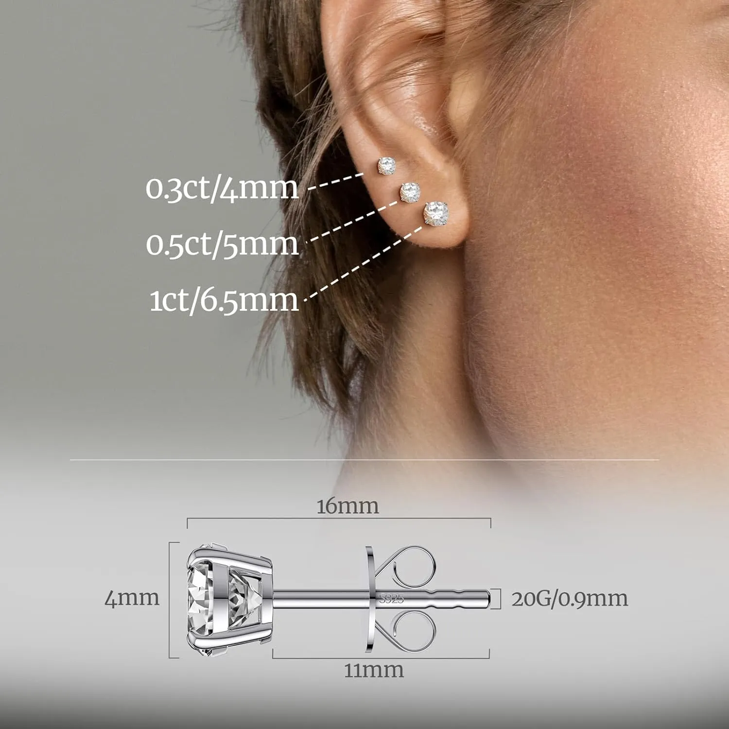 Moissanite Earrings, Diamond Stud Earrings for Women 1-3 CT 18K White Gold Plated/S925 Sterling Silver Earring for Men, Lab Grown Hypoallergenic Jewelry