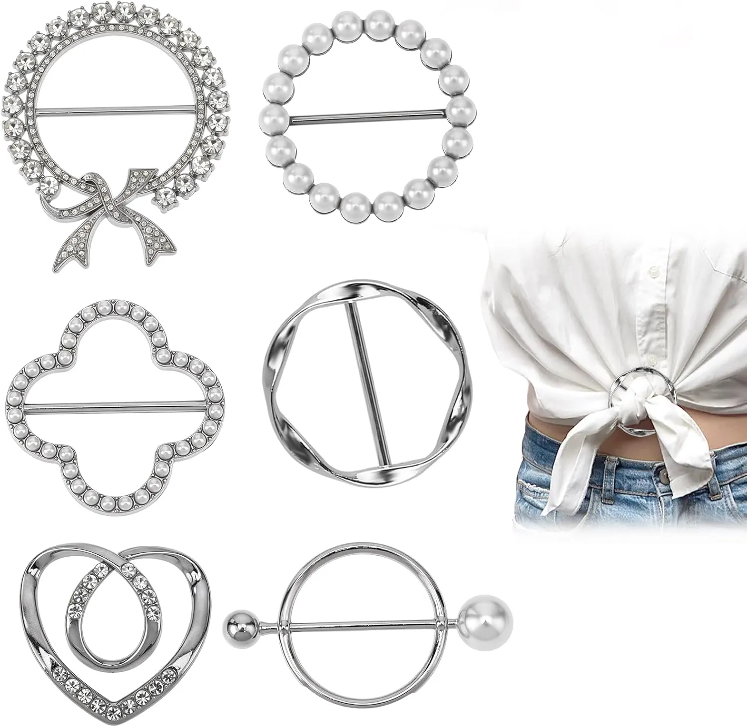 Molain 6PCS Scarf Ring Clip Shirt Clip T-Shirt Tie Ring Clips for Women and Slide Tshirt Twist Knot Clip Buckle Circle Clothing Ring Wrap Holder Metal Tshirt Clips and Rings