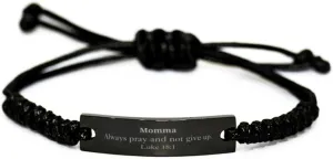 Momma Inspirational Black Rope Bracelet Luke 18:1 Prayer Confidence Gifts for Her