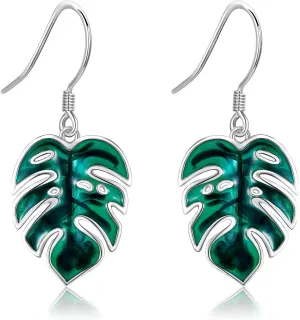 Monstera Leaves Earrings 925 Sterling Silver Palm Leaf Dangle Earrings Green Tropical Plant Jewelry Present for Women Mom