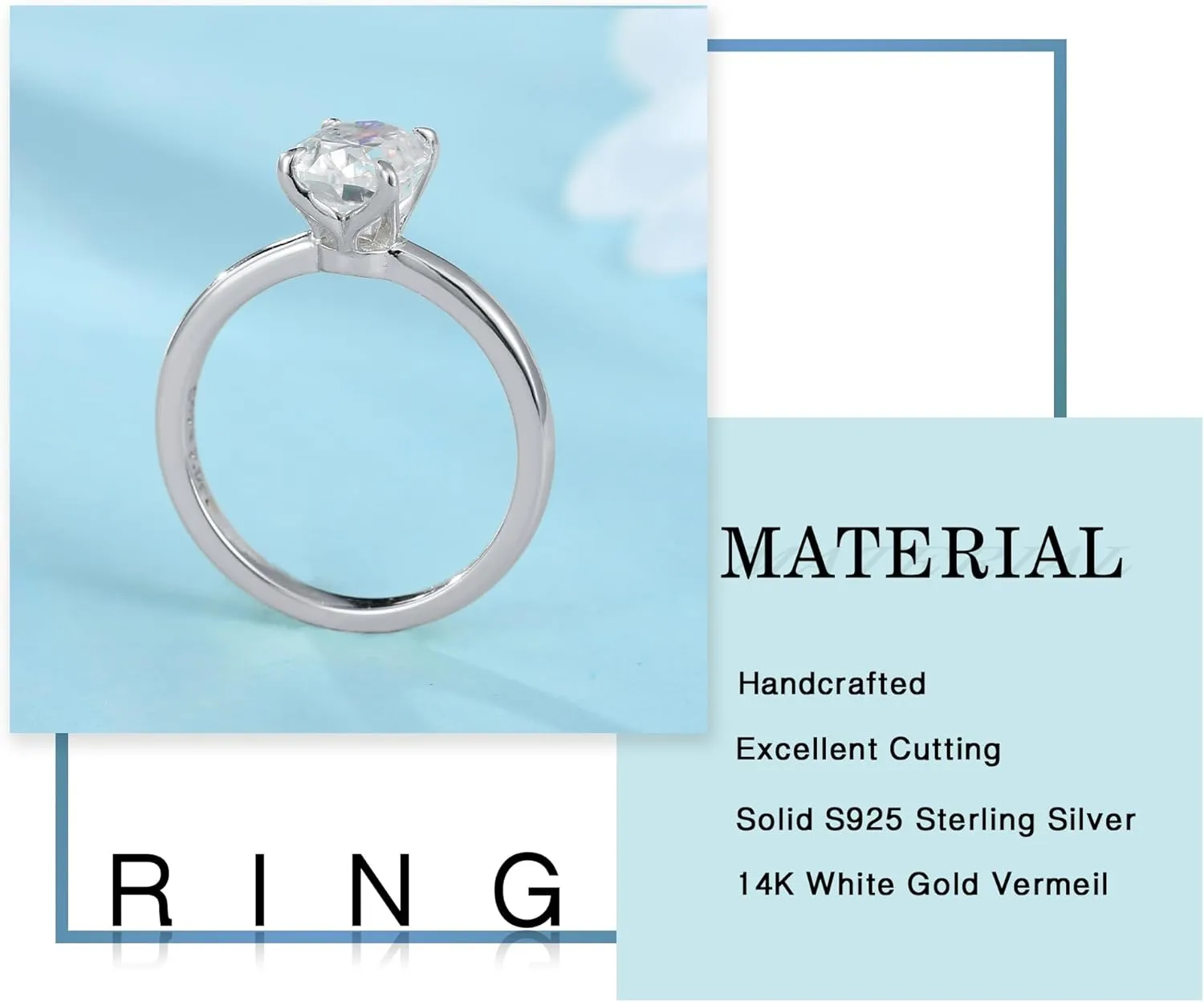 MOOSEA Oval Moissanite Engagement Rings for Women, 2ct D Color VVS1 Clarity, 14K White Gold Vermeil, 4 Claw Setting