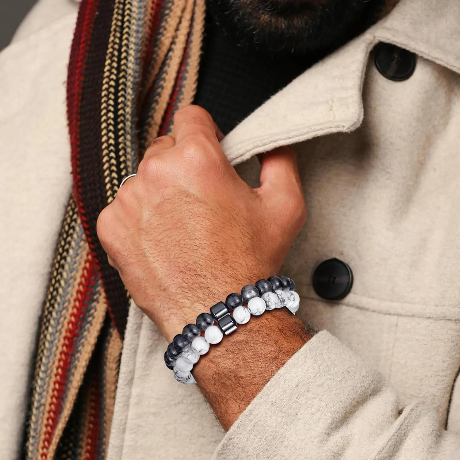 MOROTOLE Mens Beaded Bracelet Tiger Eye 8MM Natural Stone Beads Bracelet Set Adjustable Stretch Lava Rock Bracelets for Men Black Crystal Beaded Bracelets for Men Father Boyfriend Brother Gifts