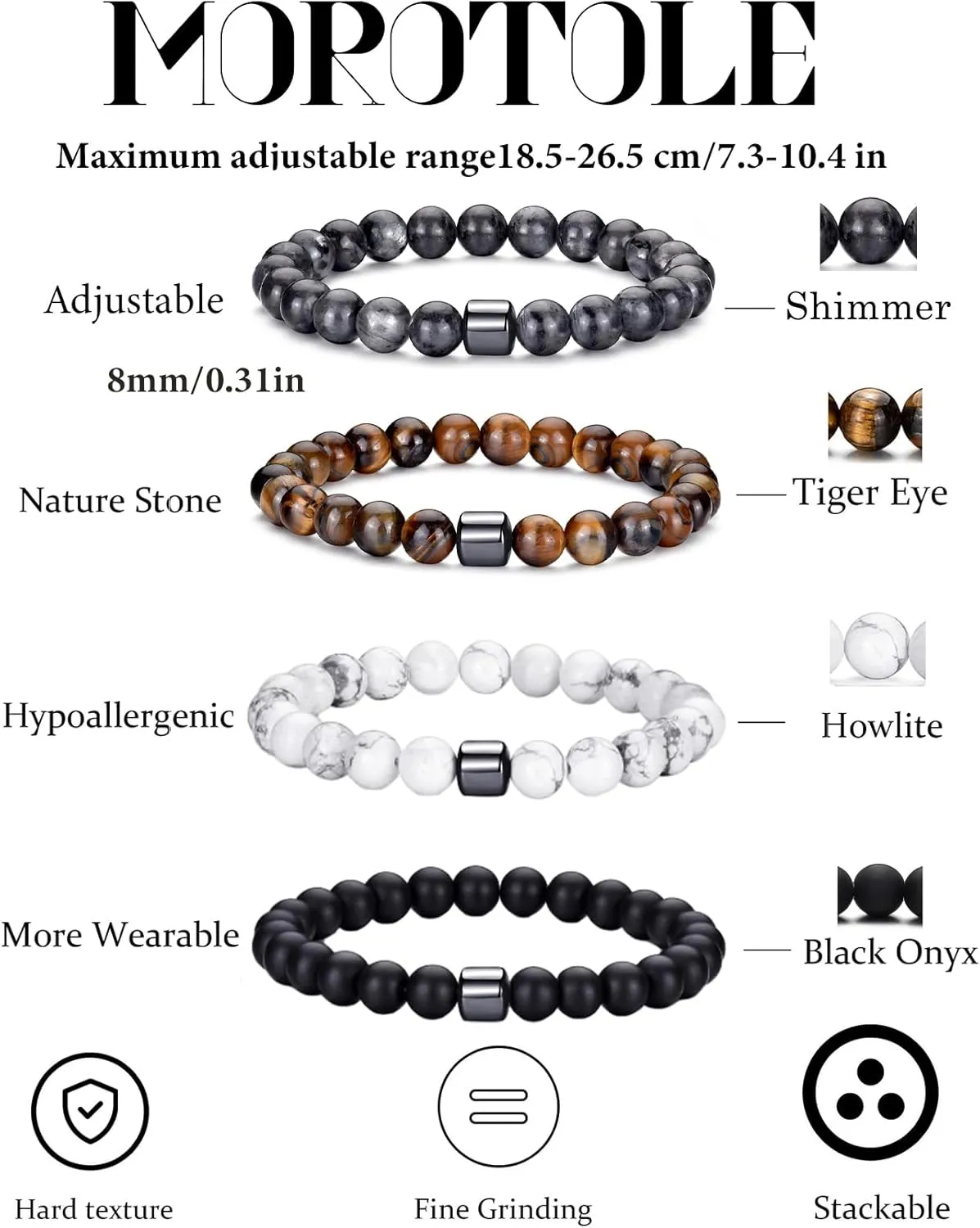 MOROTOLE Mens Beaded Bracelet Tiger Eye 8MM Natural Stone Beads Bracelet Set Adjustable Stretch Lava Rock Bracelets for Men Black Crystal Beaded Bracelets for Men Father Boyfriend Brother Gifts