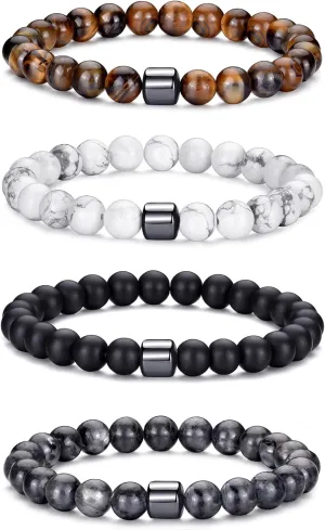 MOROTOLE Mens Beaded Bracelet Tiger Eye 8MM Natural Stone Beads Bracelet Set Adjustable Stretch Lava Rock Bracelets for Men Black Crystal Beaded Bracelets for Men Father Boyfriend Brother Gifts