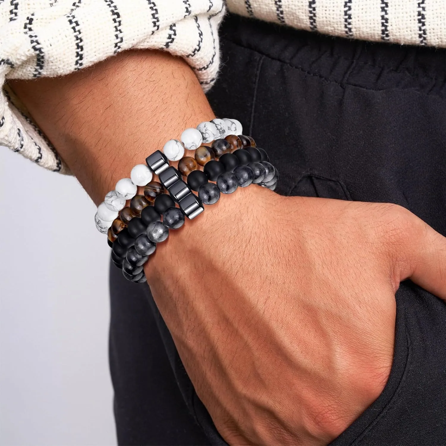 MOROTOLE Mens Beaded Bracelet Tiger Eye 8MM Natural Stone Beads Bracelet Set Adjustable Stretch Lava Rock Bracelets for Men Black Crystal Beaded Bracelets for Men Father Boyfriend Brother Gifts