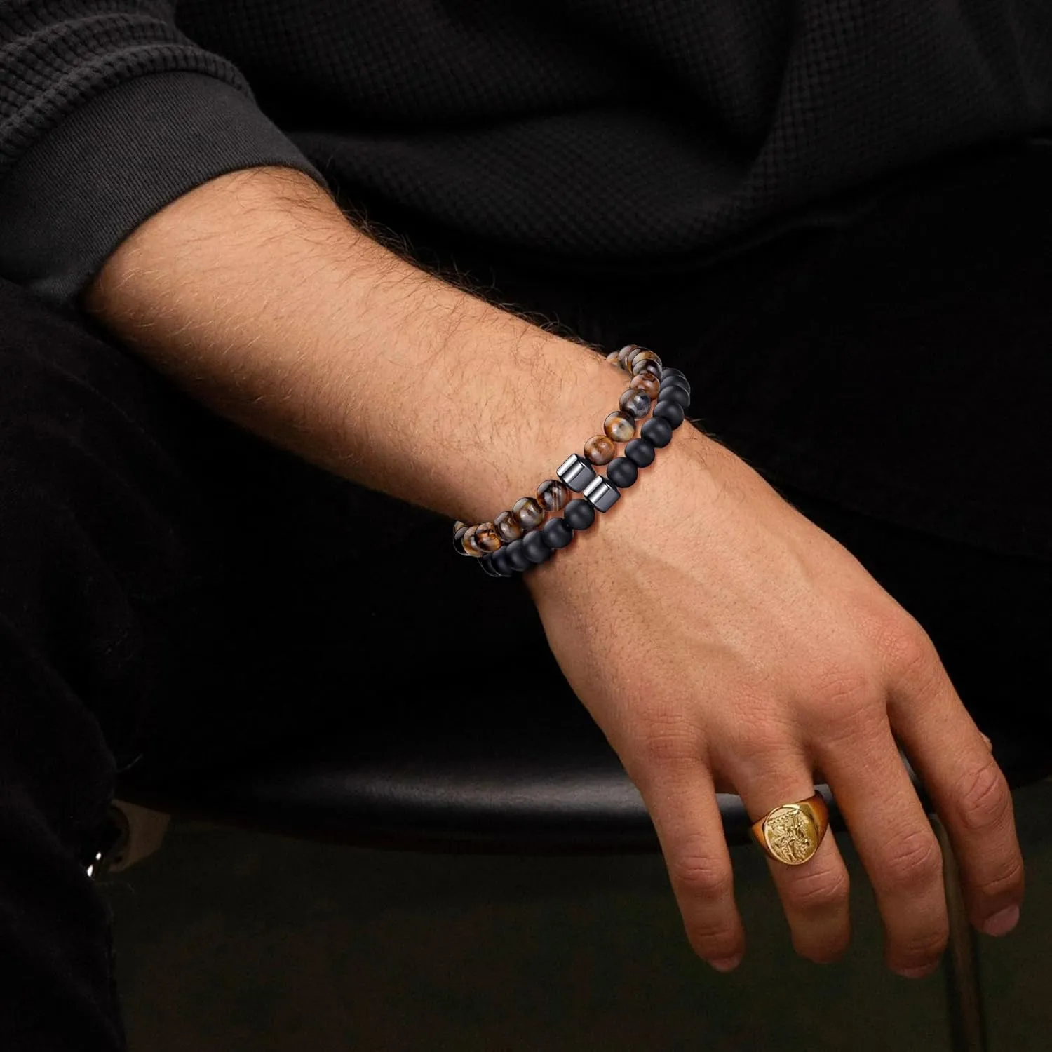 MOROTOLE Mens Beaded Bracelet Tiger Eye 8MM Natural Stone Beads Bracelet Set Adjustable Stretch Lava Rock Bracelets for Men Black Crystal Beaded Bracelets for Men Father Boyfriend Brother Gifts
