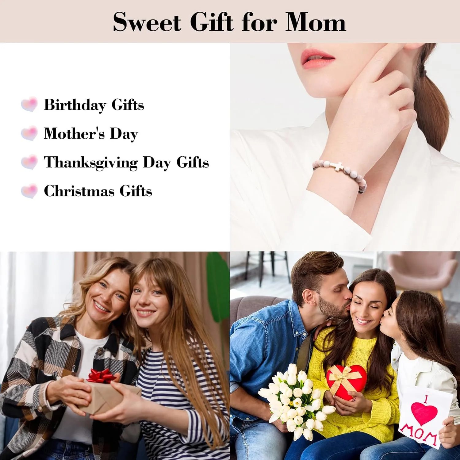 Mothers Day Gifts for Mom Birthday Gifts from Daughter Son, Cross Beaded Bracelets Religious Christian Gifts for Women Personalized Mom Bracelet Christmas Stocking Stuffers Valentines Gifts