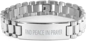 Motivational Ladder Stainless Steel Bracelet - Find Peace In Prayer - Best Faith Hope Love Quote Engraved Jewelry Birthday Christmas Gifts For Men Women