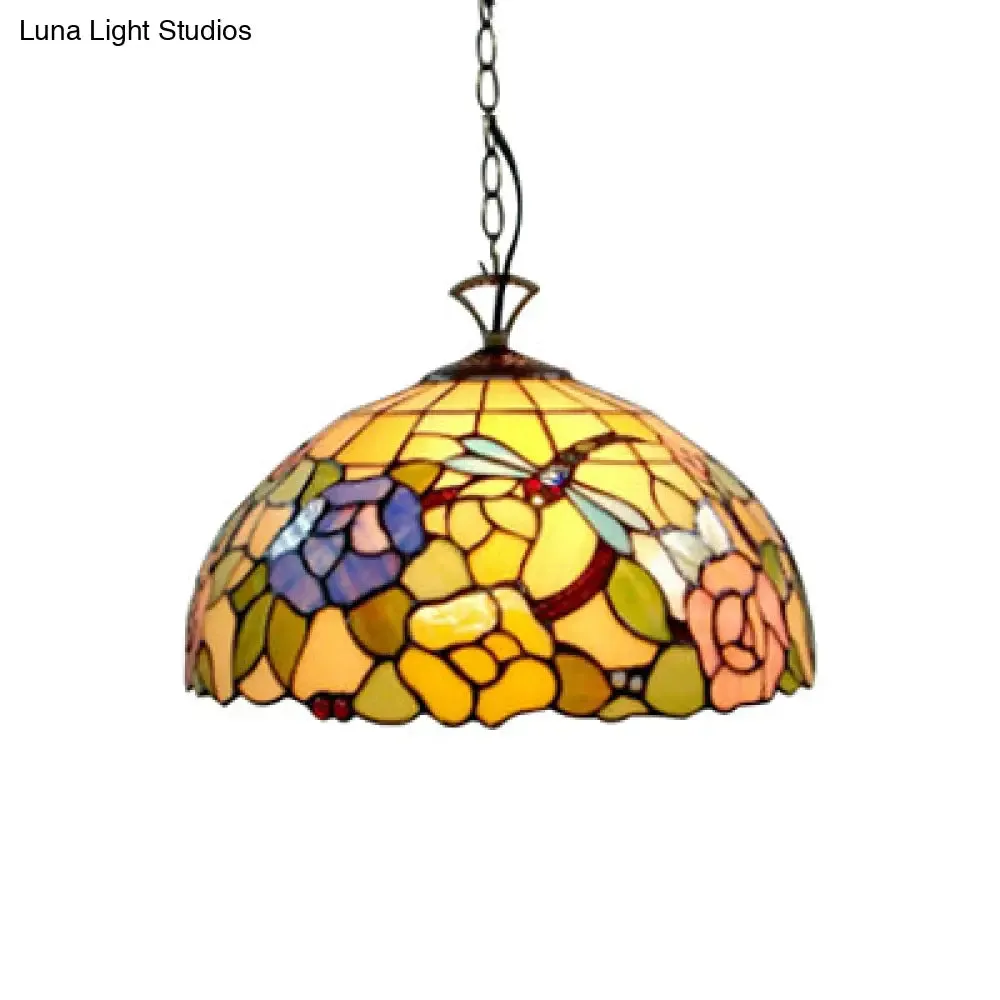 Multi-Color Tiffany Pendant Light with Floral Dragonfly Design for Kitchen - 12"/16" Domed Glass Shade