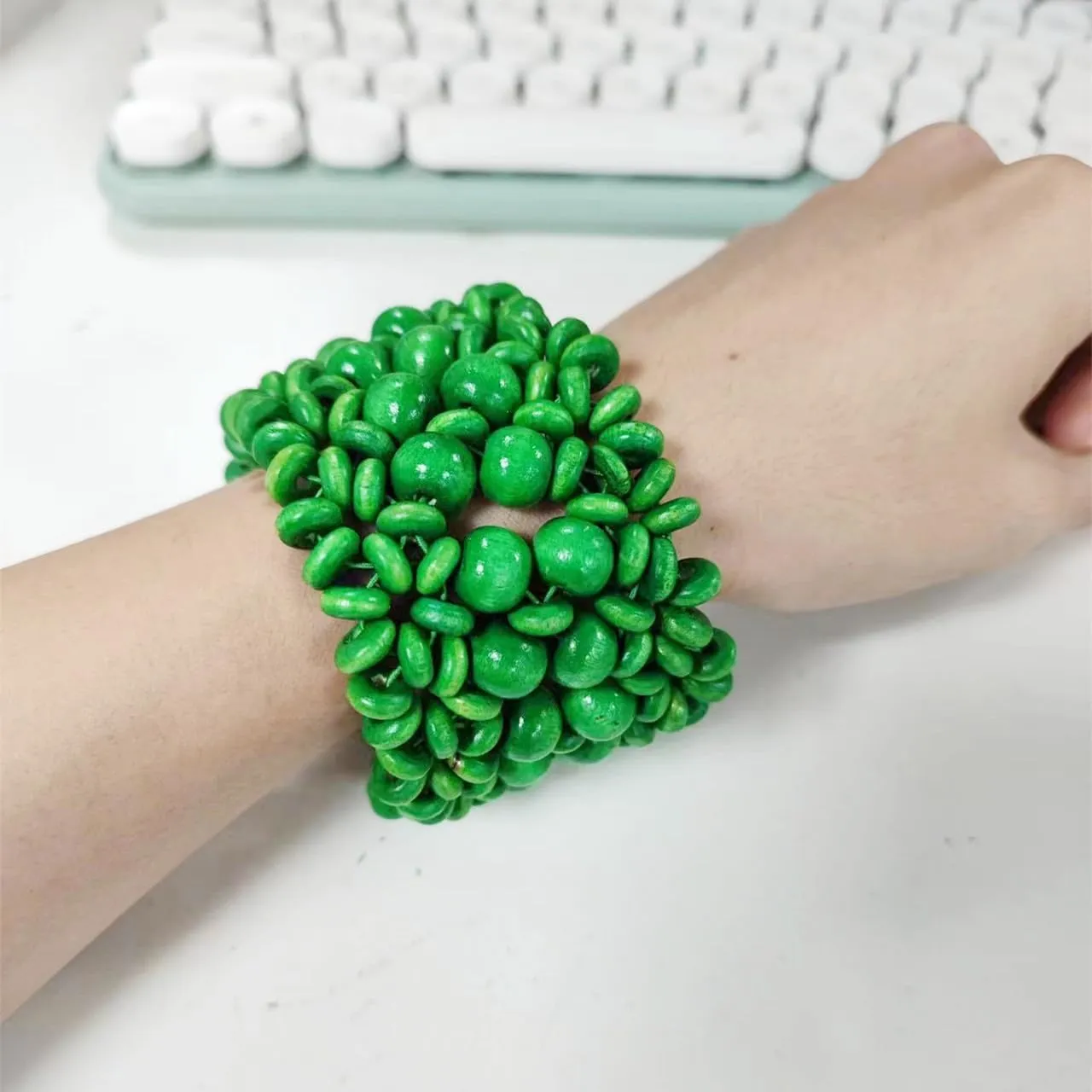Multi-Colored Wooden Beads Stretch Bracelet Wide Chunky Bangle Bohemian Jewelry Wood Elastic Wristband for Women