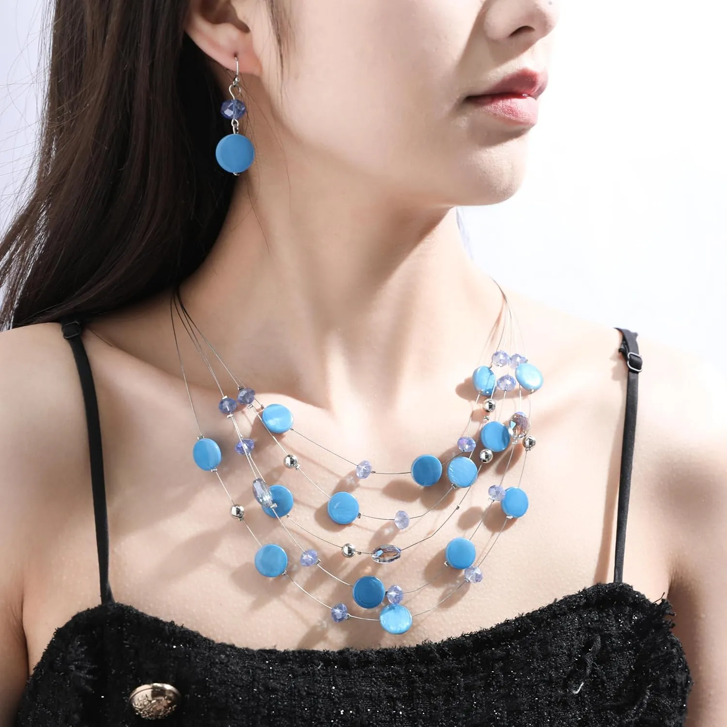 Multi Layered Shell Illusion Necklace Earring Set Colorful Chunky Beads Necklace for Women Gifts