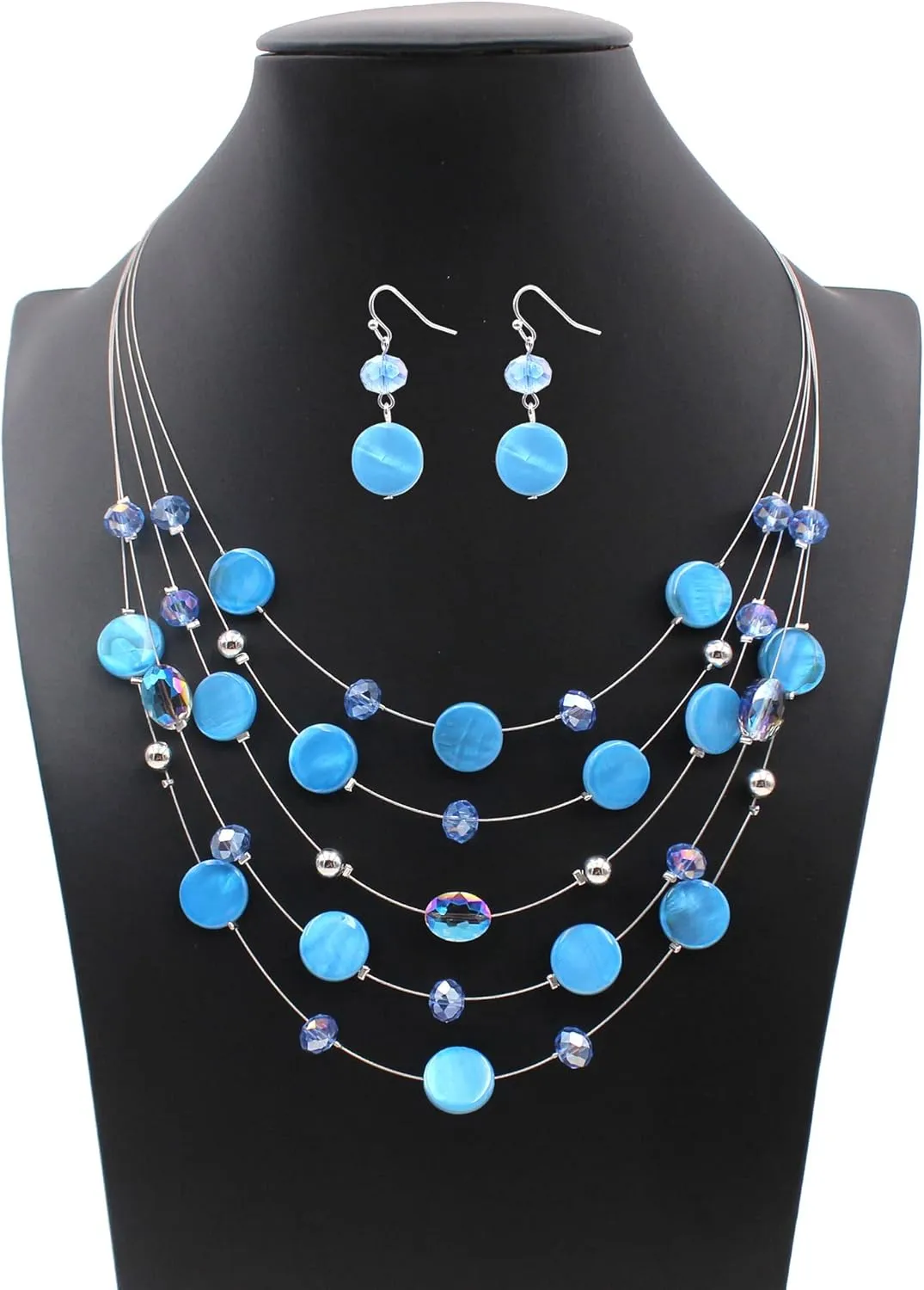 Multi Layered Shell Illusion Necklace Earring Set Colorful Chunky Beads Necklace for Women Gifts