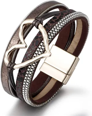 Multilayer Bohemian PU Leather Love Heart Wrap Bracelet Bangle Crystal Rhinestone Beaded Leopard Print Wristband Bracelet for Women Men Boho Cuff Jewelry Gift