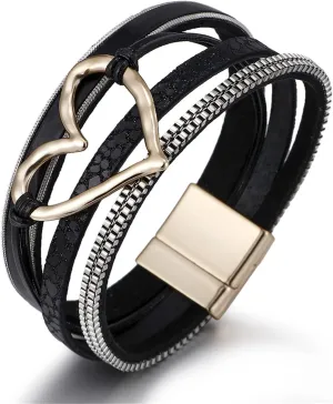 Multilayer Bohemian PU Leather Love Heart Wrap Bracelet Bangle Crystal Rhinestone Beaded Leopard Print Wristband Bracelet for Women Men Boho Cuff Jewelry Gift