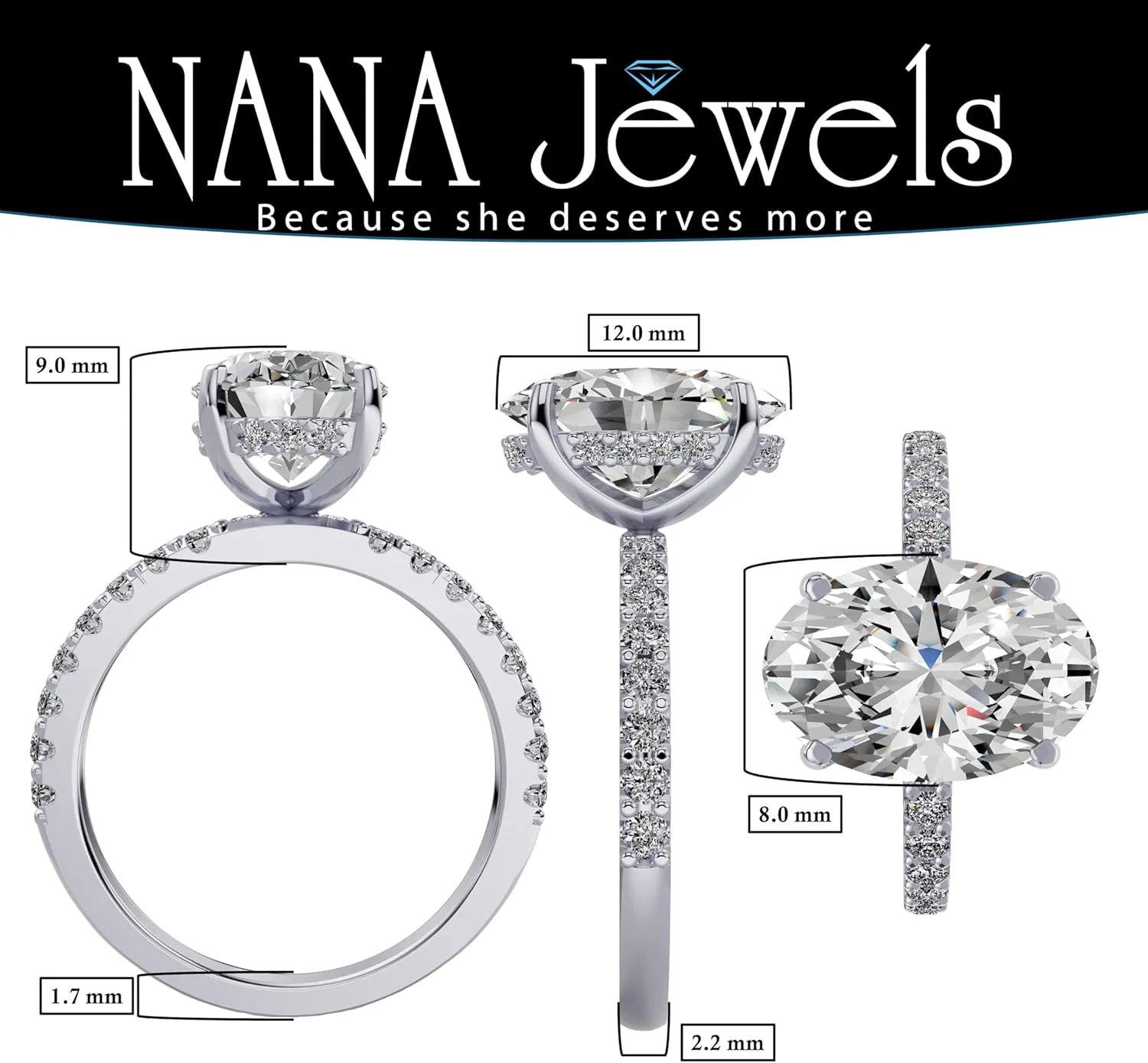 NANA Jewels 1.5-3CT Platinum Plated Sterling Silver Rings CZ Cubic Zirconia Oval Cushion Princess Asscher Cut Engagement Rings | 10K 14K Solid Gold