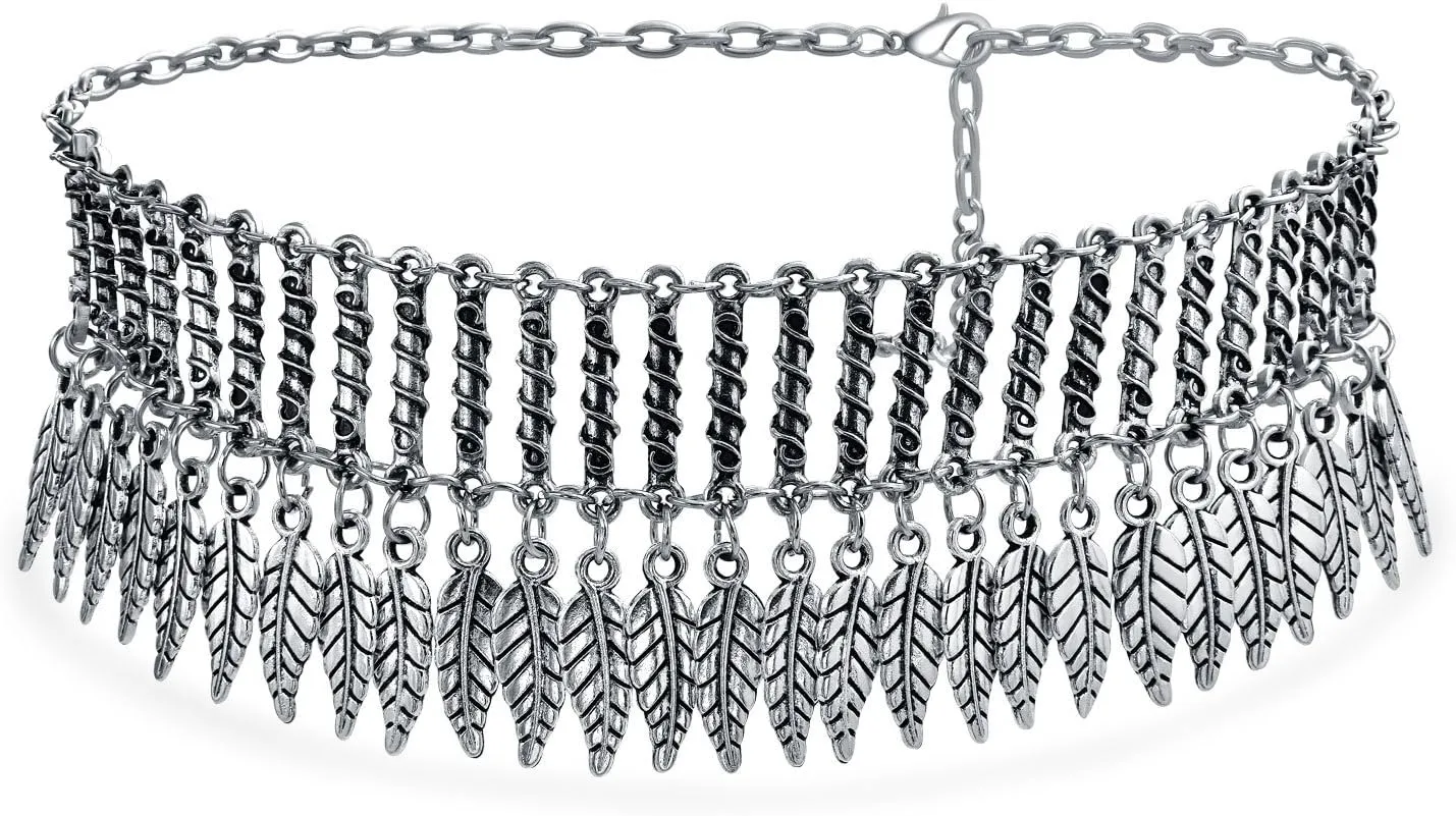 Native American Style Bohemian Boho Dangling Coins Feather Wide Choker Necklace Western Jewelry For Women Teens Oxidized Silver Plated