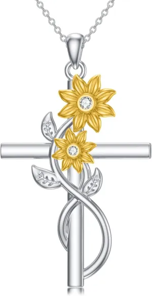 Nature Diamond Sunflower Cross Necklace for Women, 18K Gold Plated Sterling Silver Flower Pendant Necklace Mother's Day Jewelry Gifts for Her, 18"-20"