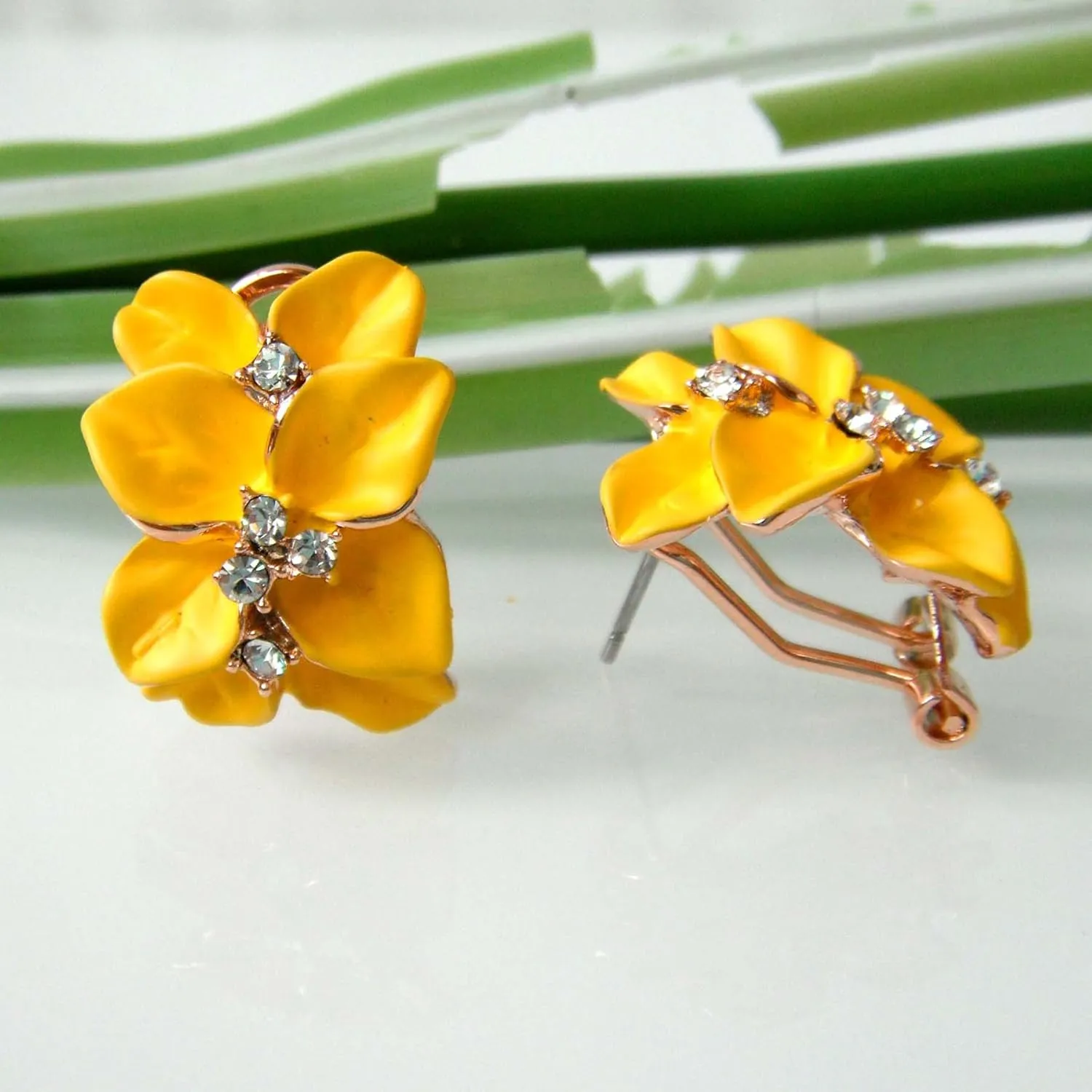Navachi 18k Gold Plated White Crystal colorful Enamel Leaves Flower Omega Back Earrings