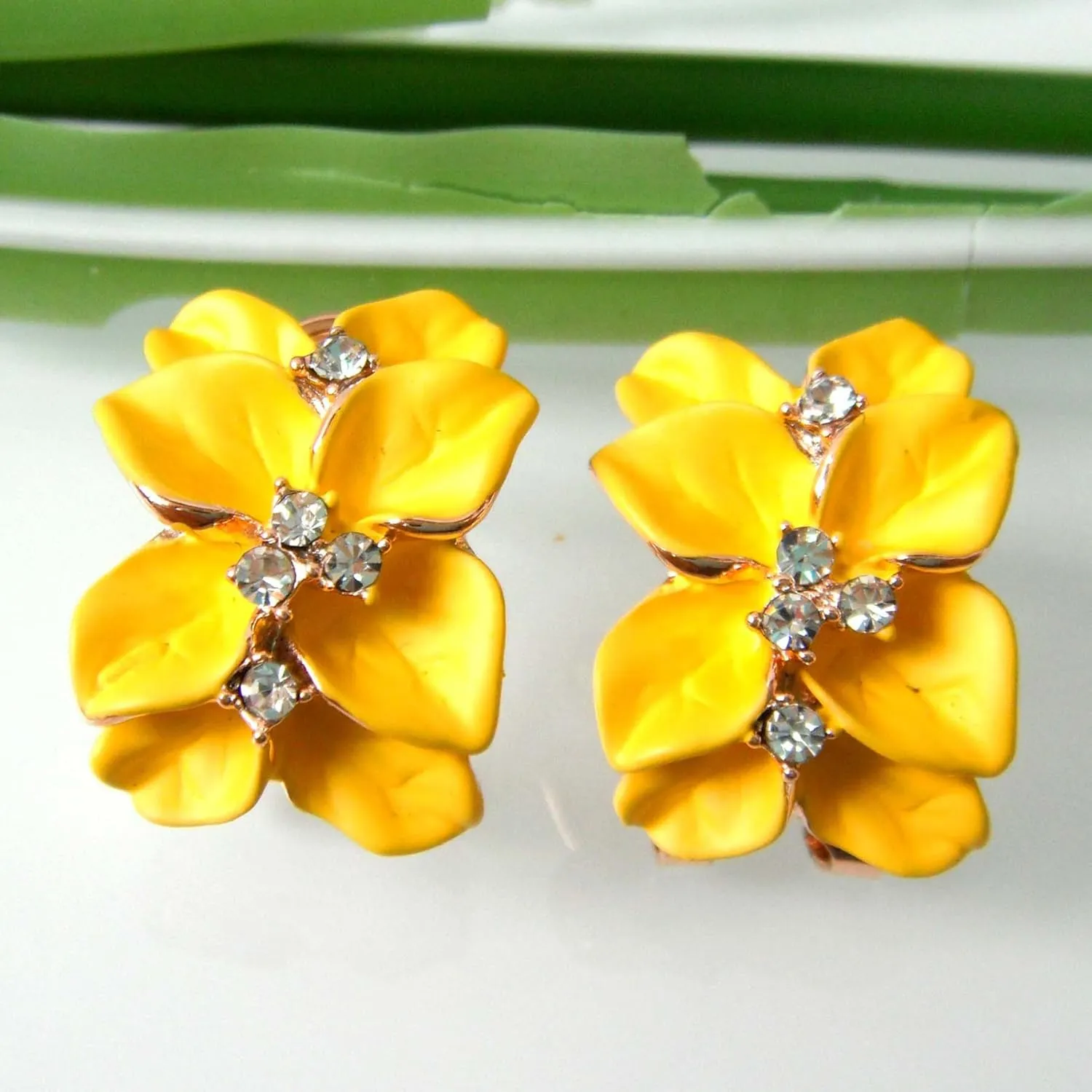 Navachi 18k Gold Plated White Crystal colorful Enamel Leaves Flower Omega Back Earrings