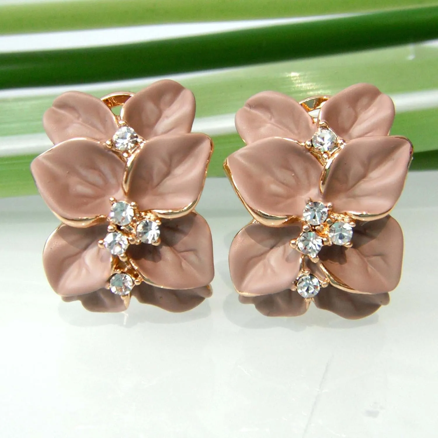 Navachi 18k Gold Plated White Crystal colorful Enamel Leaves Flower Omega Back Earrings