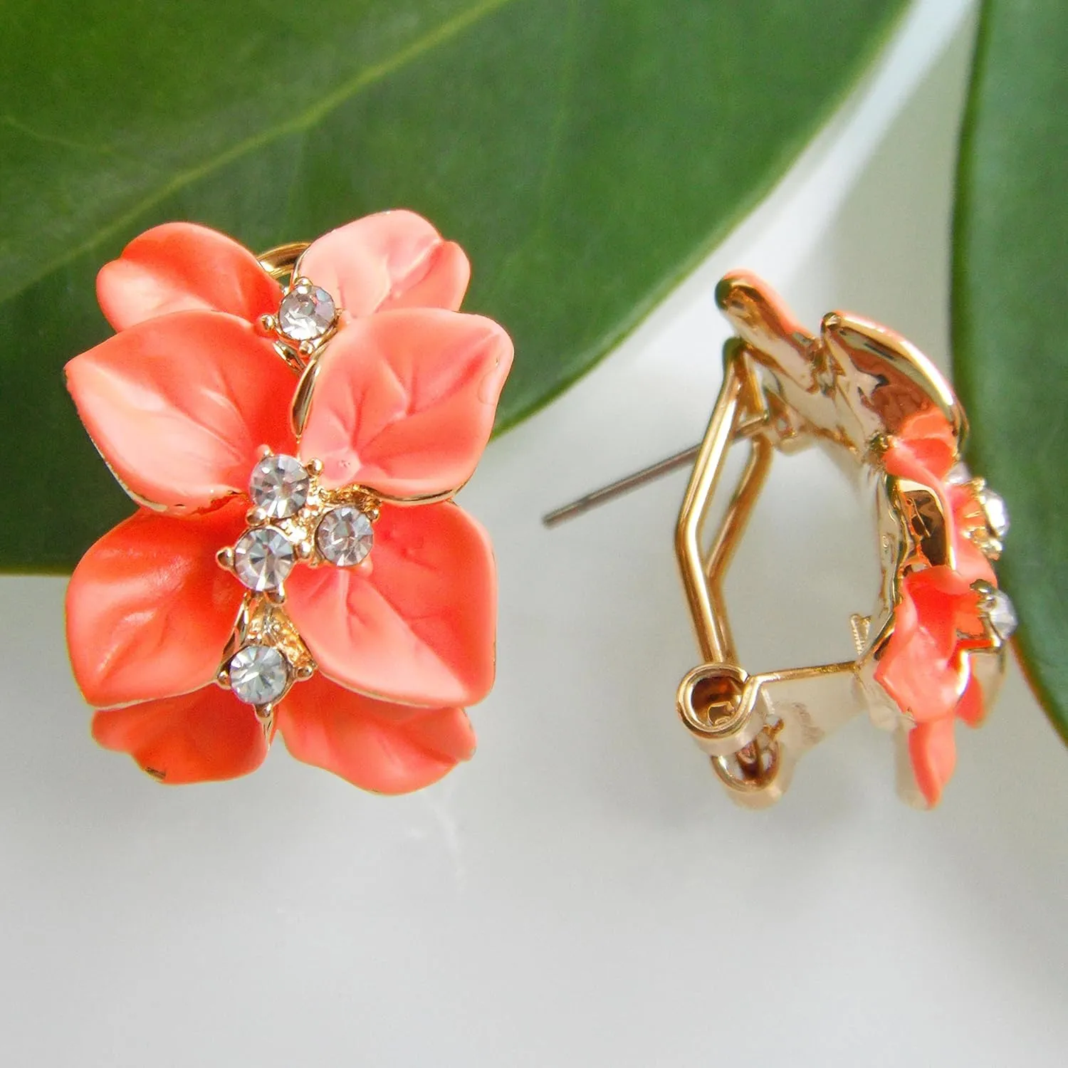 Navachi 18k Gold Plated White Crystal colorful Enamel Leaves Flower Omega Back Earrings