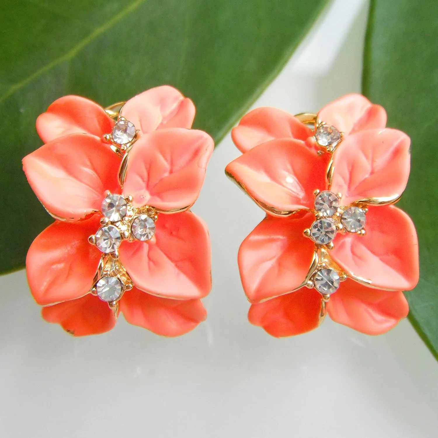 Navachi 18k Gold Plated White Crystal colorful Enamel Leaves Flower Omega Back Earrings