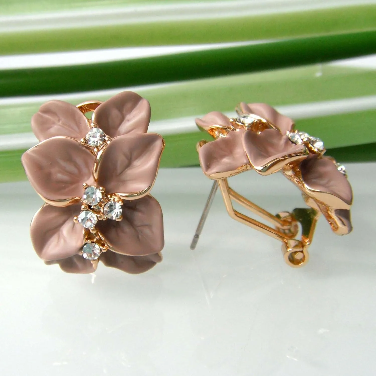 Navachi 18k Gold Plated White Crystal colorful Enamel Leaves Flower Omega Back Earrings