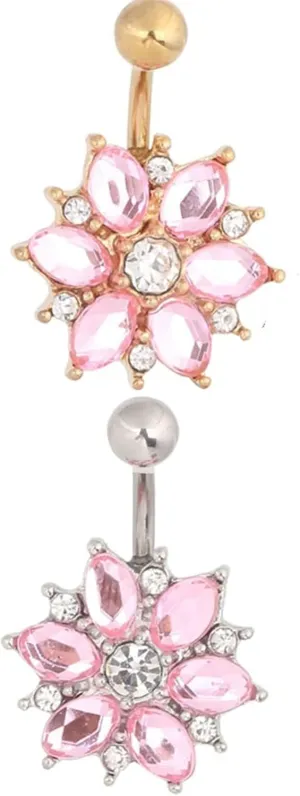Navel Rings for Women Surgical Steel, 2Pcs Navel Ring Simple Silver Gold Cubic Zirconia Studs 14G Goat Belly Button Rings Flower