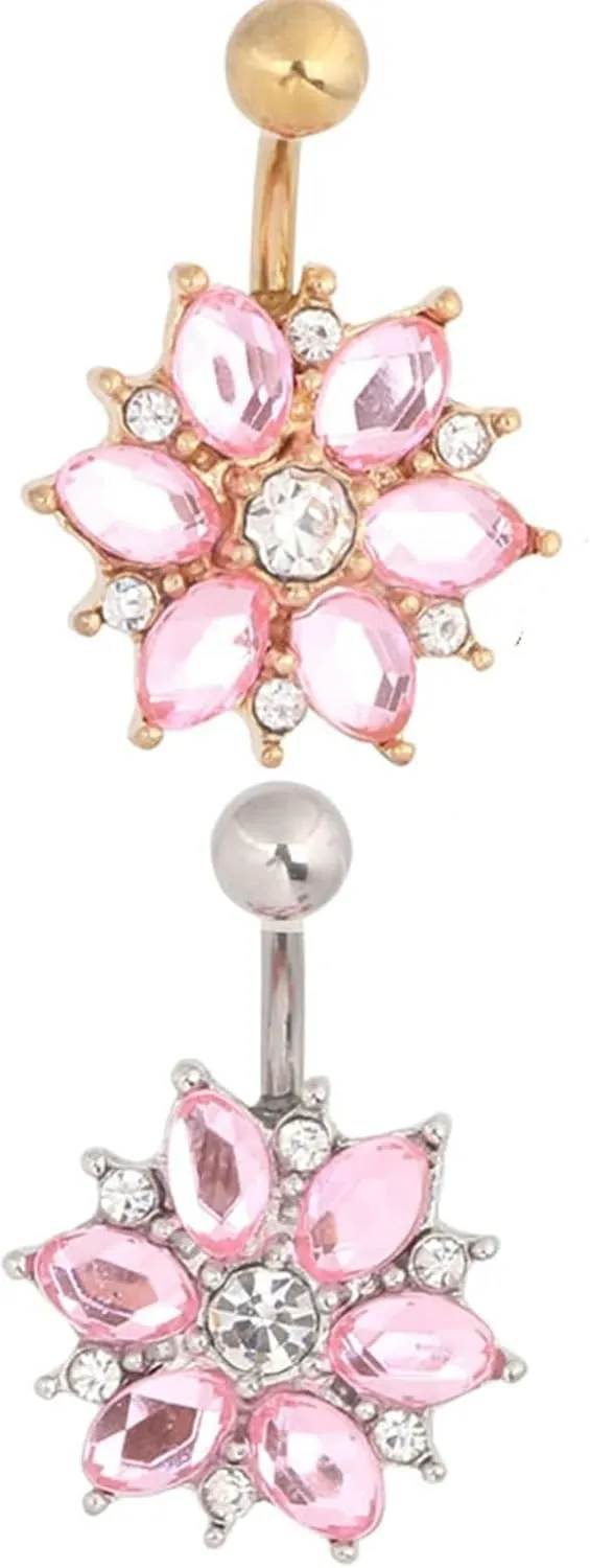 Navel Rings for Women Surgical Steel, 2Pcs Navel Ring Simple Silver Gold Cubic Zirconia Studs 14G Goat Belly Button Rings Flower