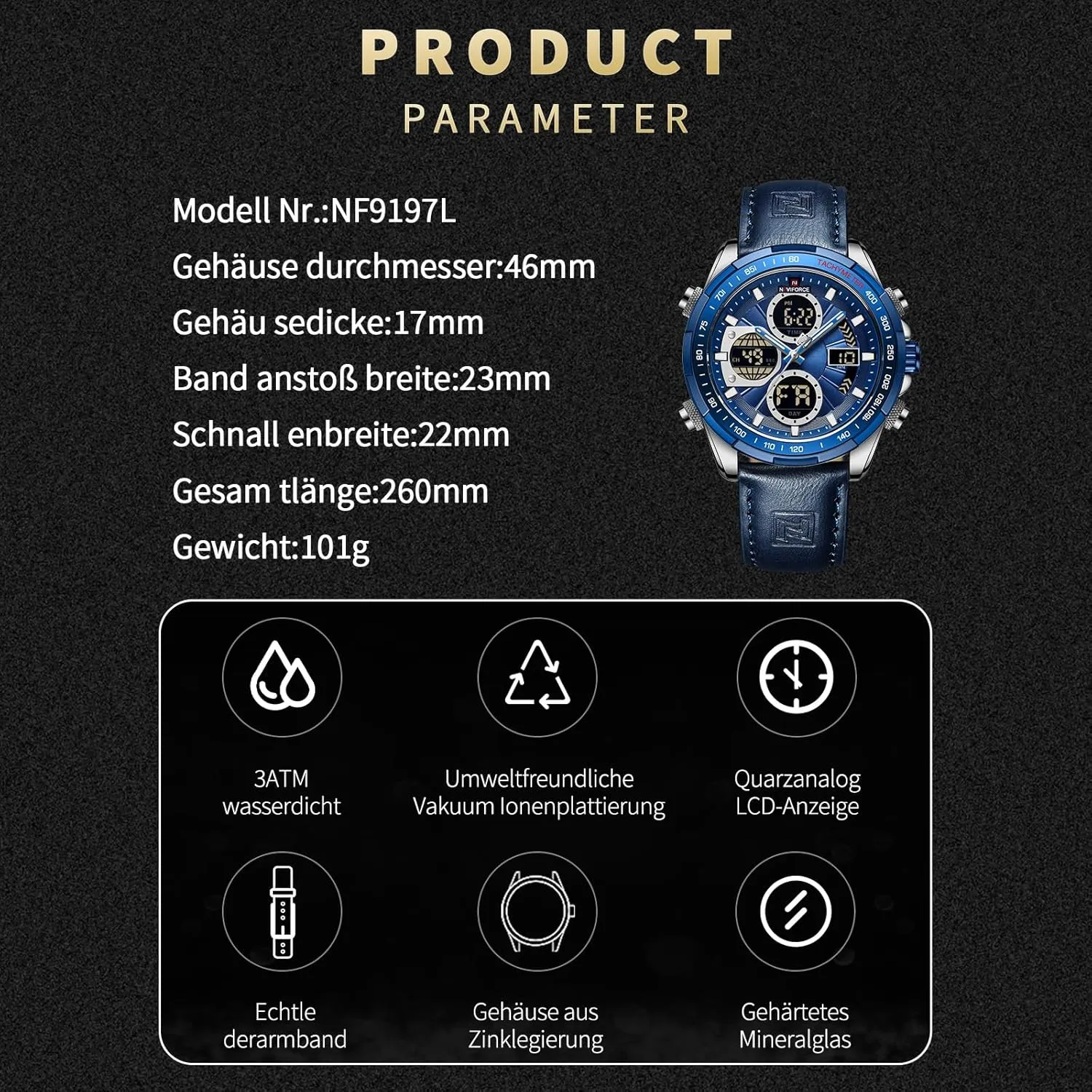 NAVIFORCE Men's Military Digital Watches Analog Quartz Waterproof Watch Sport Multifunctional Leather Wristwatch