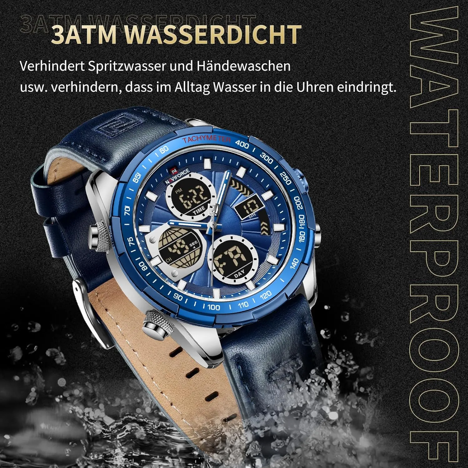 NAVIFORCE Men's Military Digital Watches Analog Quartz Waterproof Watch Sport Multifunctional Leather Wristwatch