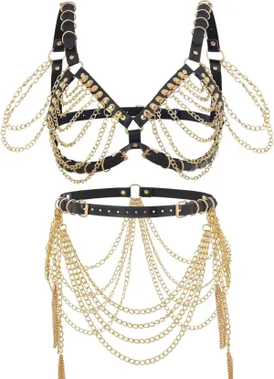 Navoky Goth Leather Body Chain Set Punk Black Plus Size Bra Chain Gold Metal Waist Chains Jewelry Accessories for Women