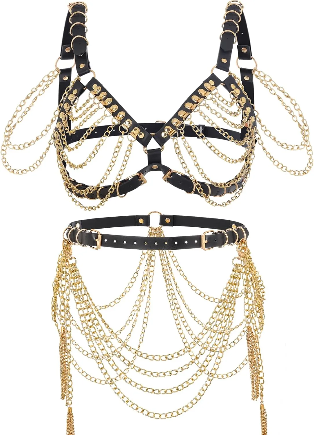 Navoky Goth Leather Body Chain Set Punk Black Plus Size Bra Chain Gold Metal Waist Chains Jewelry Accessories for Women