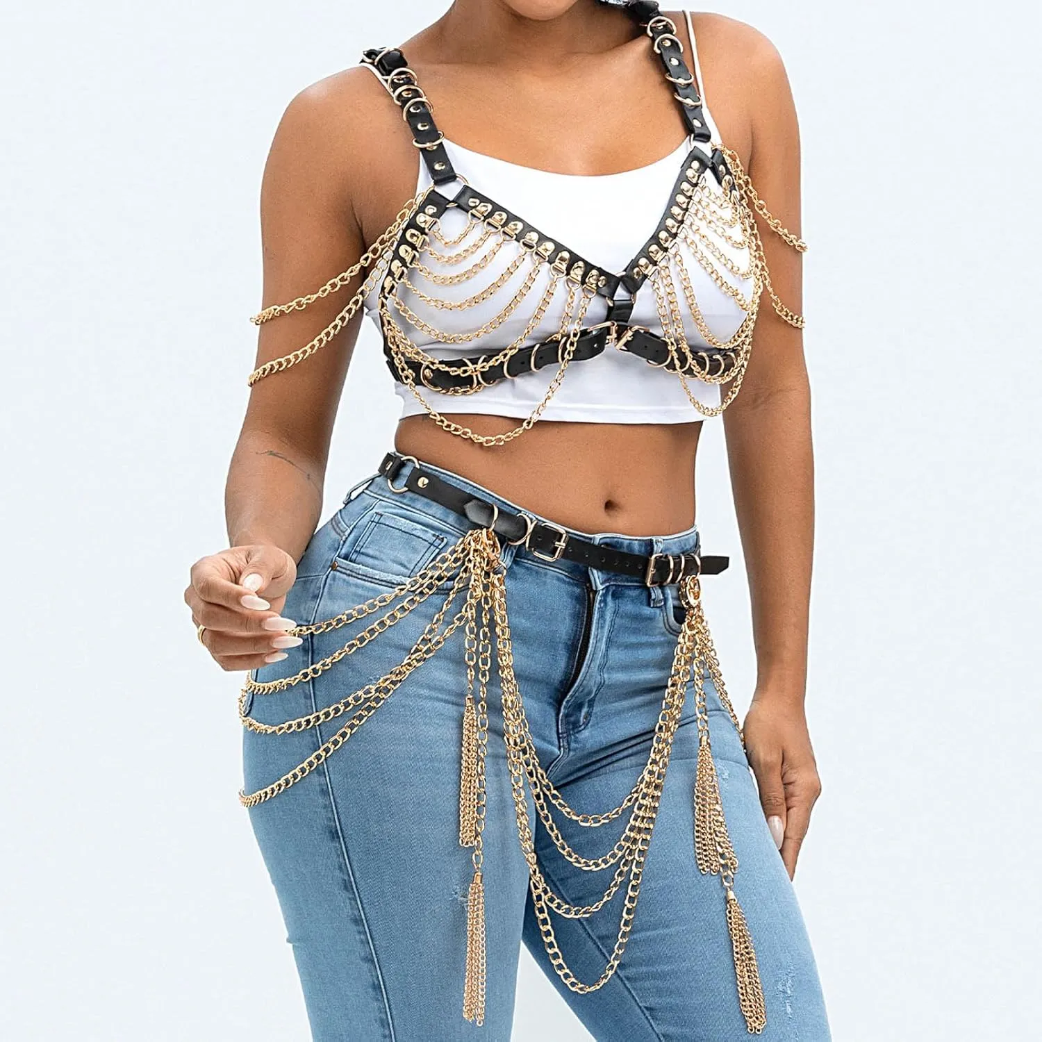 Navoky Goth Leather Body Chain Set Punk Black Plus Size Bra Chain Gold Metal Waist Chains Jewelry Accessories for Women