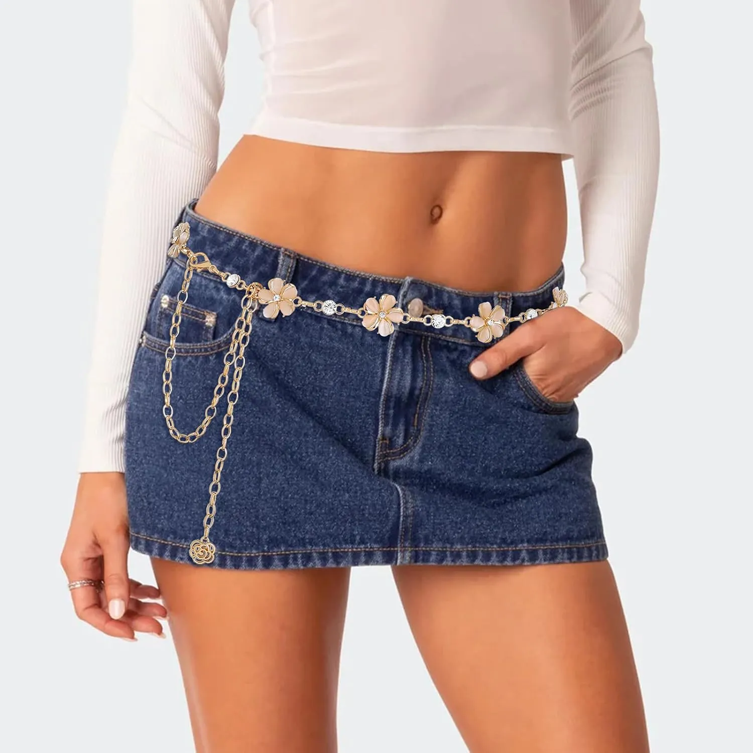 Navoky Rhinestone Waist Chain Belt Flower Pendant Belly Belly Body Chains Jewelry Accessories for Women and Girls