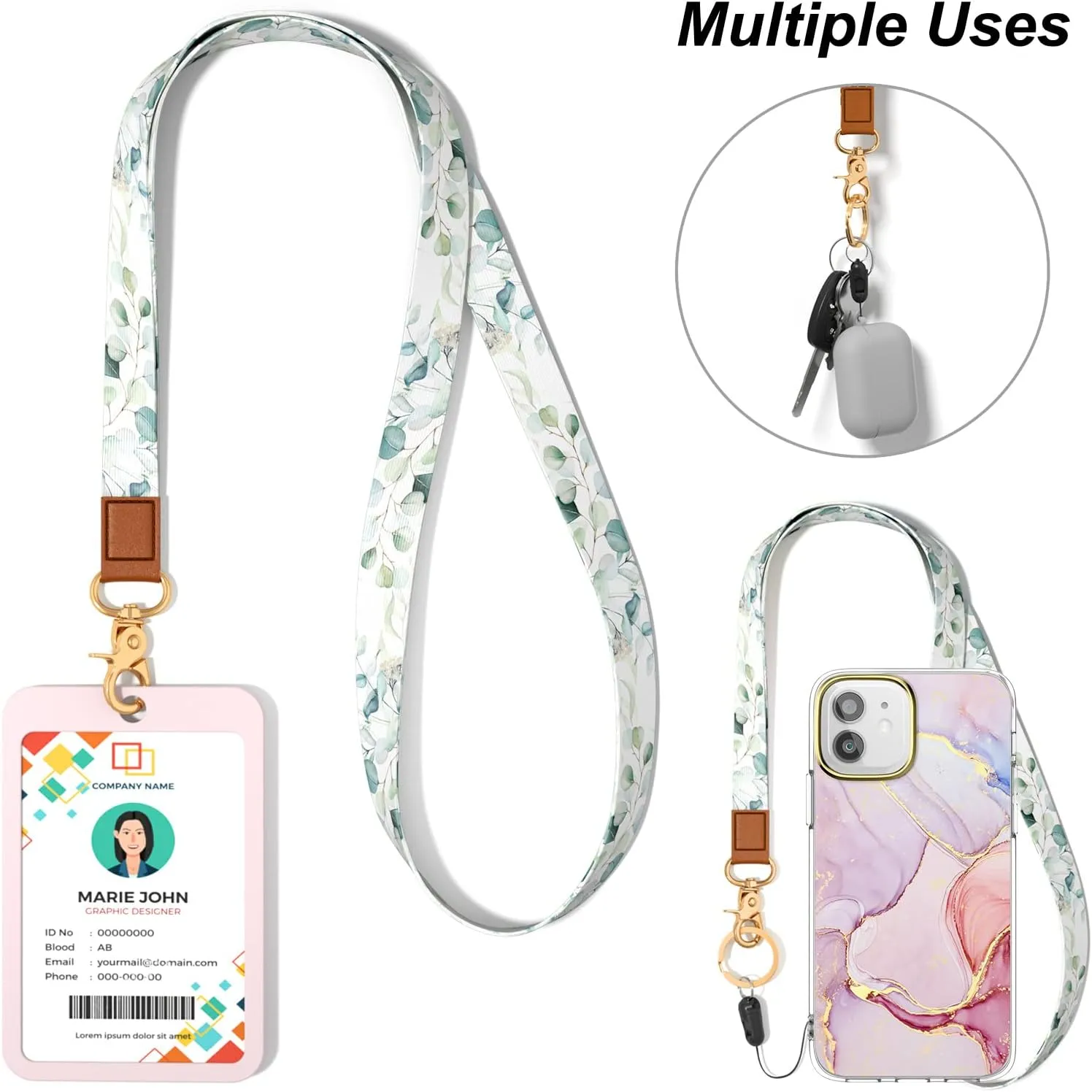 Neck Lanyard Key Chain, Long Lanyard Strap Keychain Holder for Women Men Car Keys ID Badges Card Wallet Phone Camera, Green Leaves