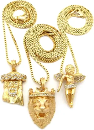 NEW ICED OUT KING LION, JESUS & ANGEL PENDANT &BOX CHAINS 3 NECKLACE SET RC1416G