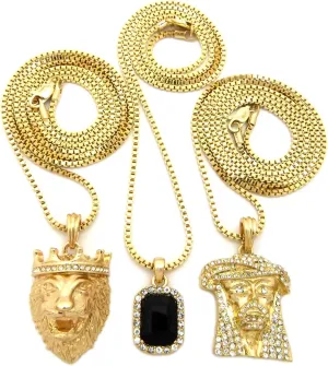 NEW ICED OUT KING LION, JESUS & STONE PENDANT &BOX CHAINS 3 NECKLACE SET RC1412GBK