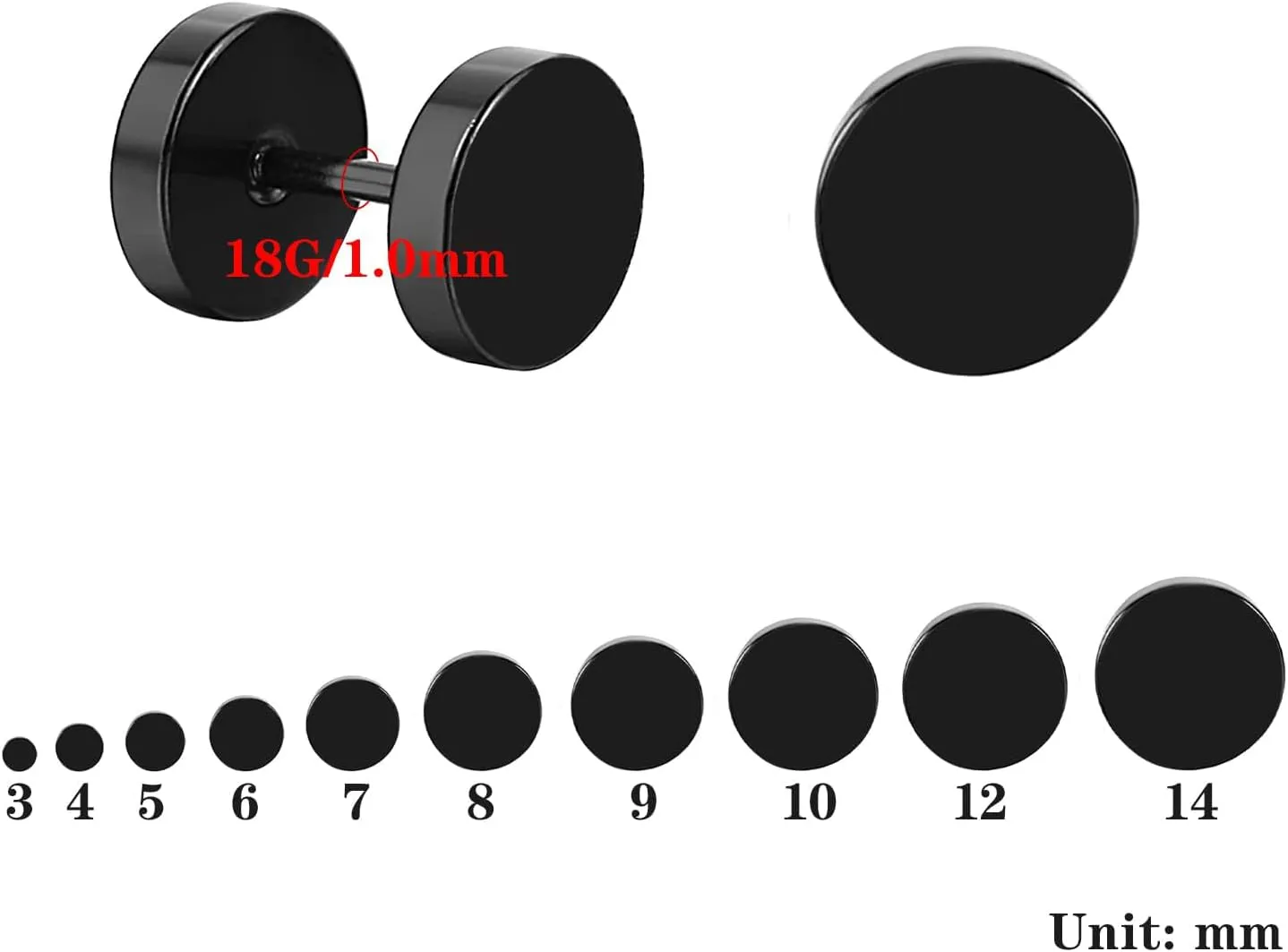 NEWITIN 10 Pairs Black Stud Earrings for Men Faux Gauges Earring Hypoallergenic Earring Ear Tunnel Stainless Steel Dot Earrings for Men Women, 18G Round Ear Studs 3mm-14mm