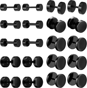 NEWITIN 10 Pairs Black Stud Earrings for Men Faux Gauges Earring Hypoallergenic Earring Ear Tunnel Stainless Steel Dot Earrings for Men Women, 18G Round Ear Studs 3mm-14mm
