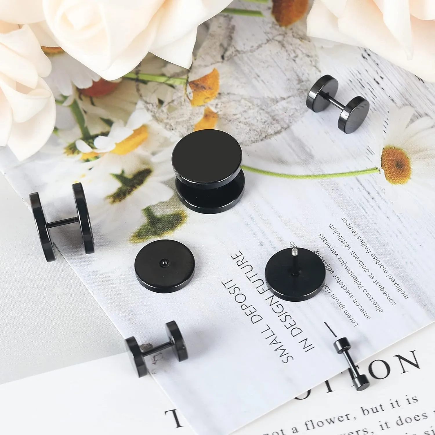 NEWITIN 10 Pairs Black Stud Earrings for Men Faux Gauges Earring Hypoallergenic Earring Ear Tunnel Stainless Steel Dot Earrings for Men Women, 18G Round Ear Studs 3mm-14mm