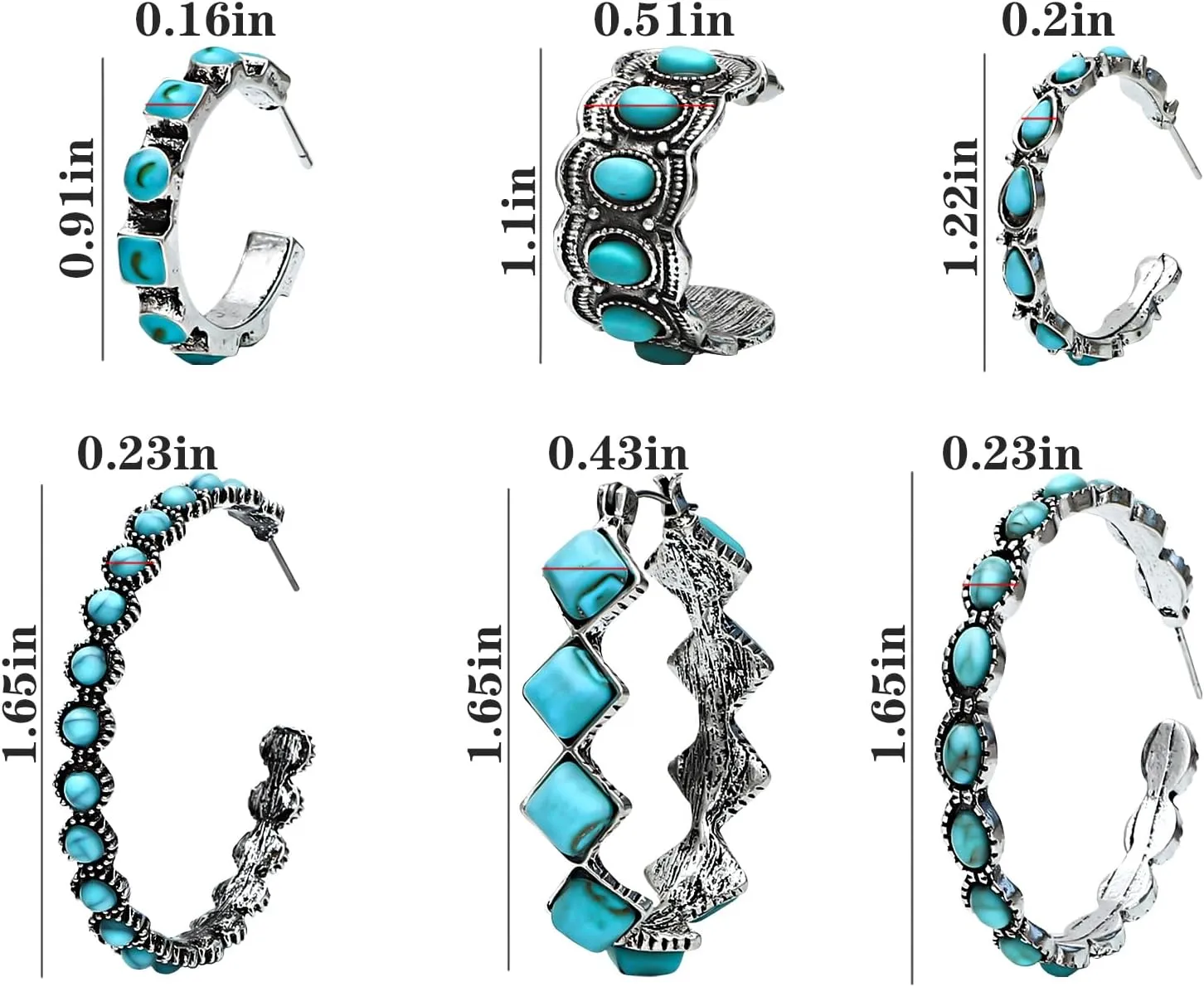 NEWITIN 6 Pairs Turquoise Hoop Earrings for Women Hypoallergenic Earring Bohemian Oval Earring Statement Ethnic Hoop Turquoise Western Earrings for Women