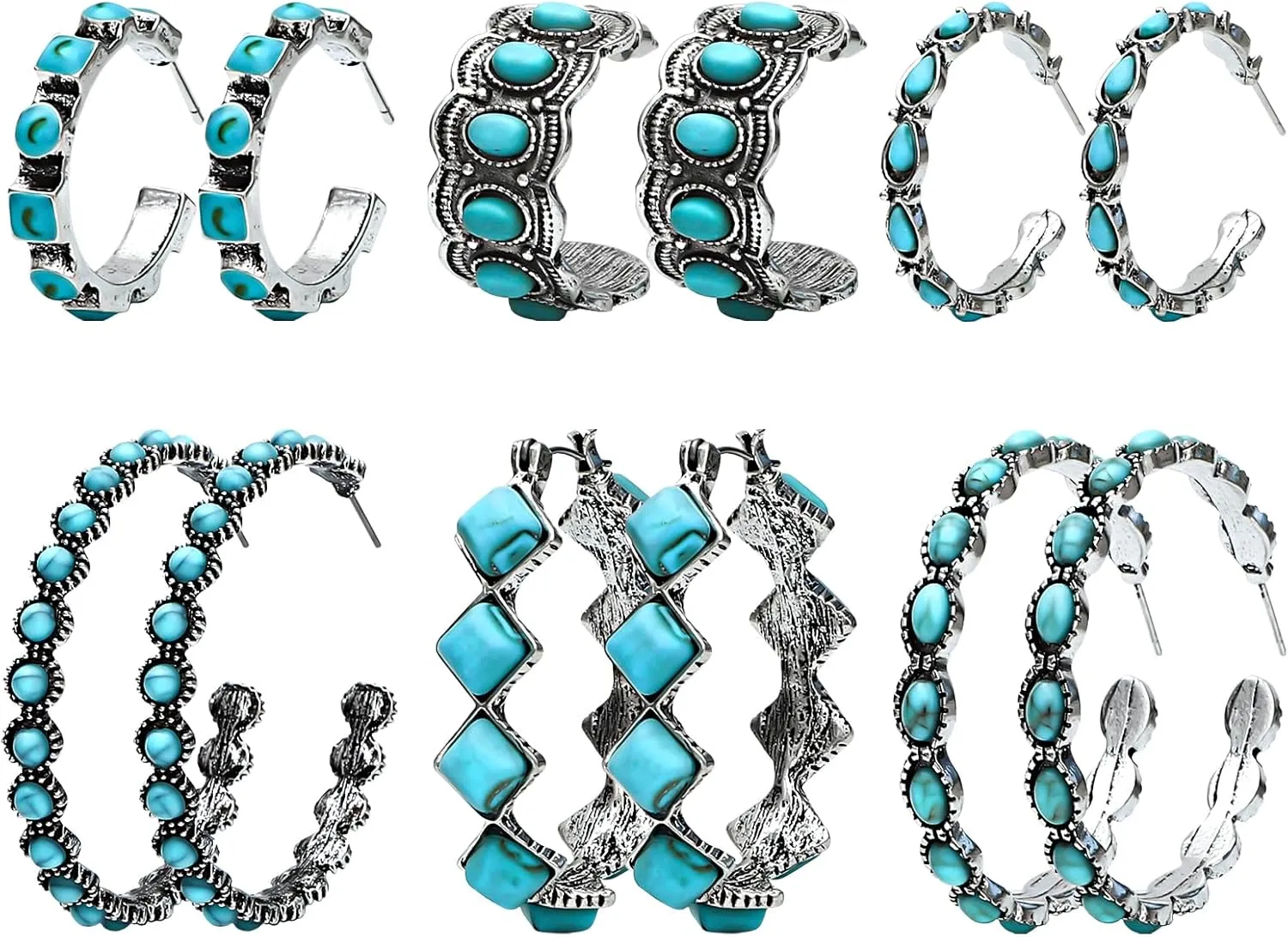 NEWITIN 6 Pairs Turquoise Hoop Earrings for Women Hypoallergenic Earring Bohemian Oval Earring Statement Ethnic Hoop Turquoise Western Earrings for Women