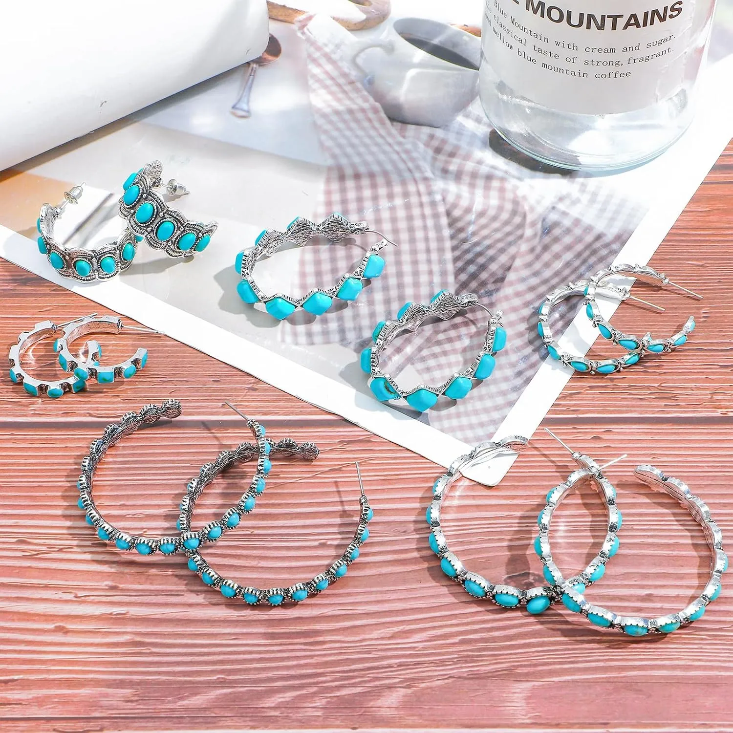 NEWITIN 6 Pairs Turquoise Hoop Earrings for Women Hypoallergenic Earring Bohemian Oval Earring Statement Ethnic Hoop Turquoise Western Earrings for Women