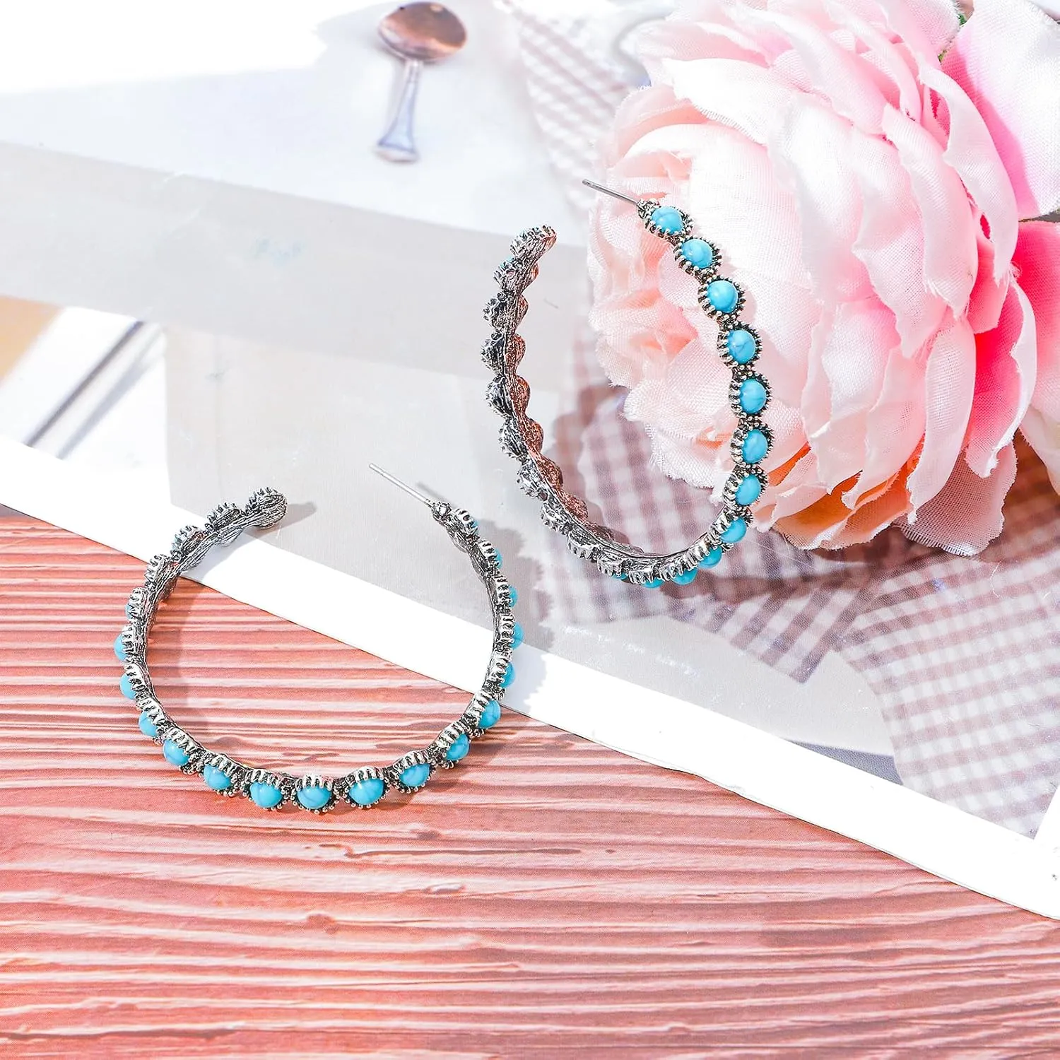 NEWITIN 6 Pairs Turquoise Hoop Earrings for Women Hypoallergenic Earring Bohemian Oval Earring Statement Ethnic Hoop Turquoise Western Earrings for Women