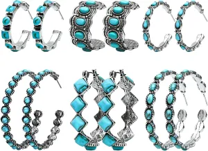 NEWITIN 6 Pairs Turquoise Hoop Earrings for Women Hypoallergenic Earring Bohemian Oval Earring Statement Ethnic Hoop Turquoise Western Earrings for Women