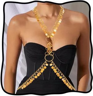 Nicute Boho Sequin Body Chain Gold Bra Bikini Chain Sparkly Beach Jewelry for Women