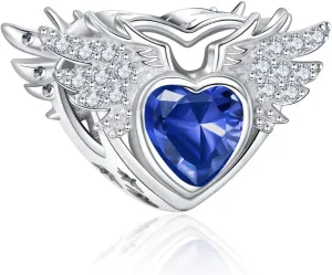 NINGAN Birthstone Charms for Charms Bracelet, Angel Wings 925 Sterling Silver Love Heart Bead Pendant Birthday Christmas Jewelry Gift for Women